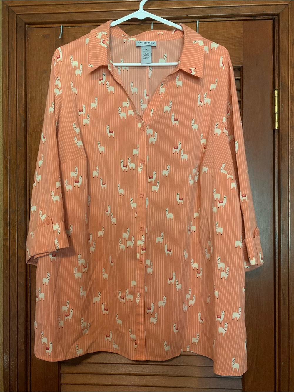 Catherines Peach 1X Plus Size Llama Striped Button Down Blouse